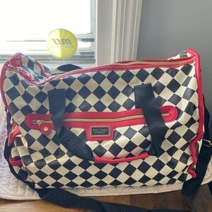 Betsey Johnson Black and White Checkered Travel Bag with Red Trim